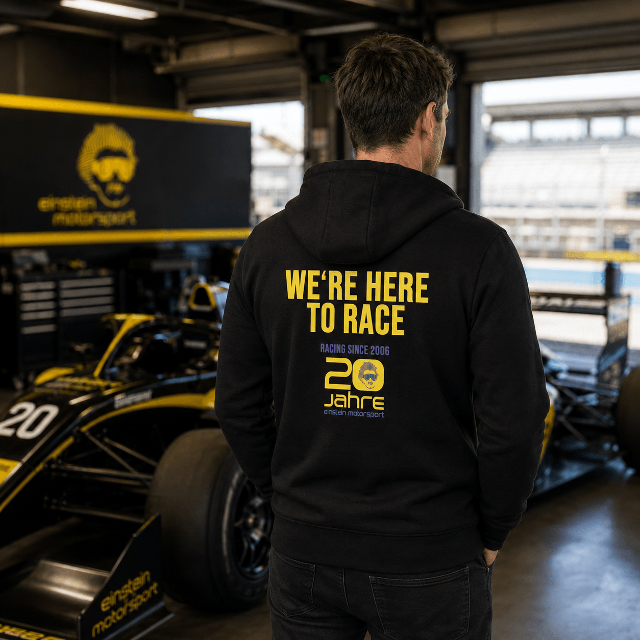 Einstein Motorsport Herren Zipped Hood Jacket – 20 Jahre Schwarz
